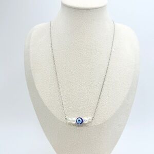 Silver Tone Chain Necklace with Evil Eye and Faux Pearl Beads